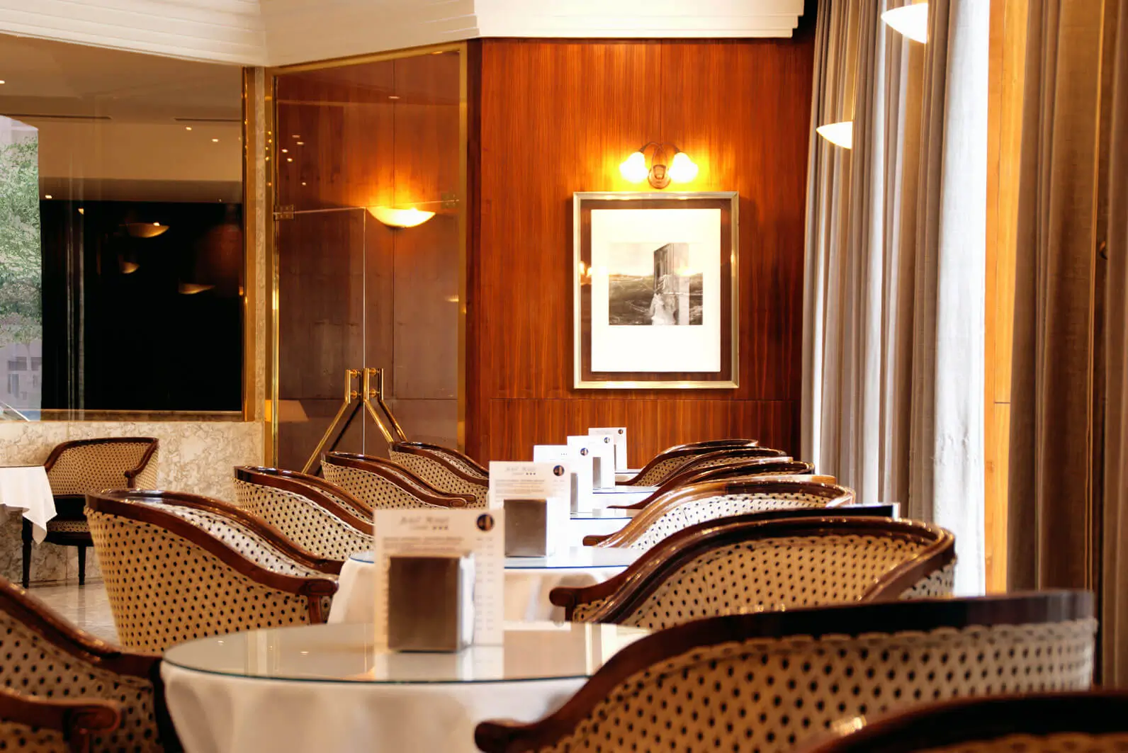 Disposición de mesas y sillas elegantes en la cafetería del Hotel Mozart, perfecta para reuniones o descanso.